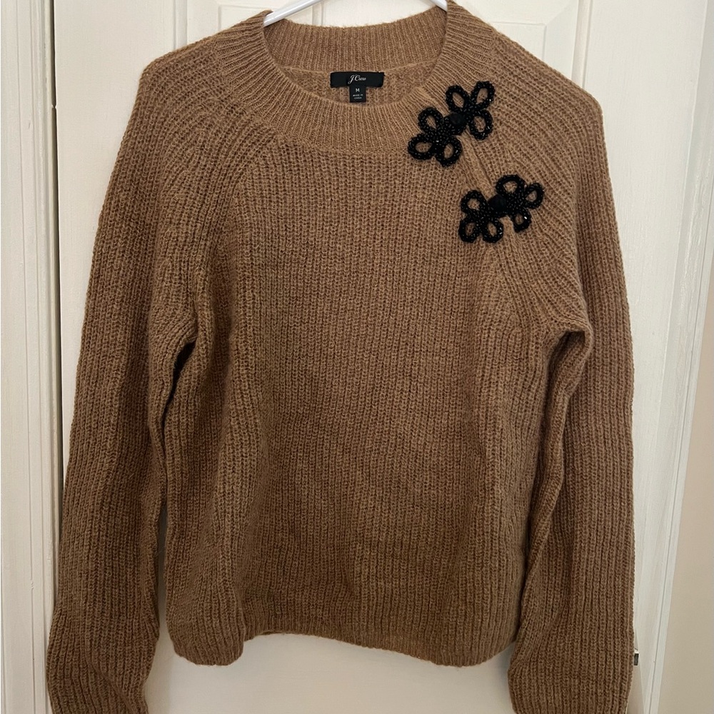 J. Crew Tan Sweater with Black Floral Beaded Closure